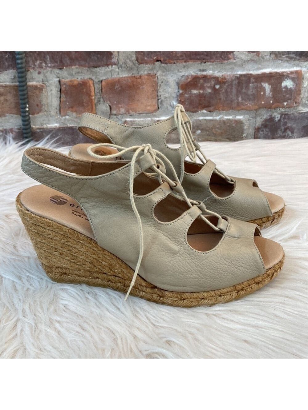 Eric Michael Taupe Leather Espadrille Wedges, Size 39